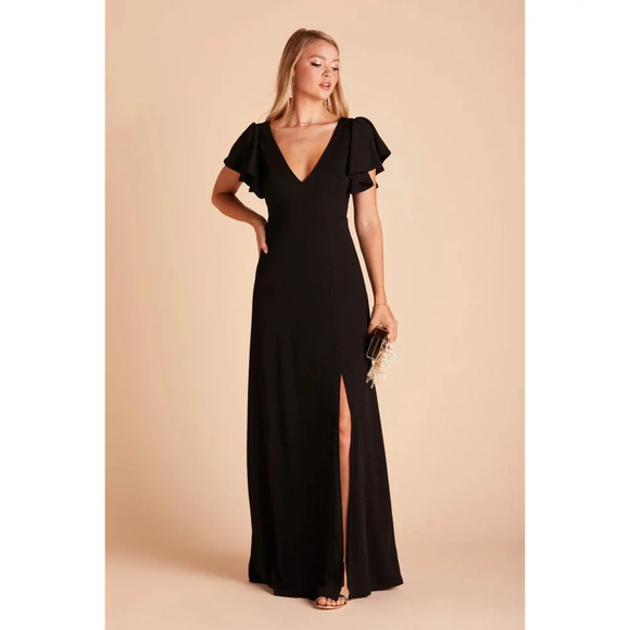 NWT Birdy Grey Hannah Maxi Dress Ruffled Short Sleeve V-Neck Crepe Black Size XS - Picture 4 of 11